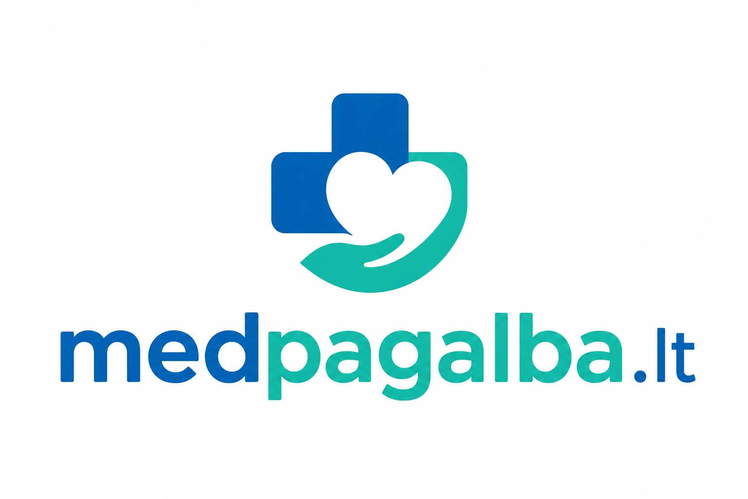 MedPagalba.lt logo: blue medical cross with a teal heart cradled by a curved hand, and the site name in blue-green letters.