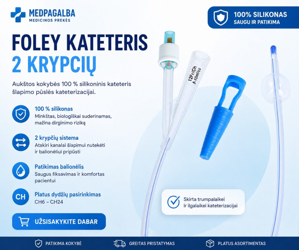 Foley kateteris 2 krypčių, 100% silikoninis